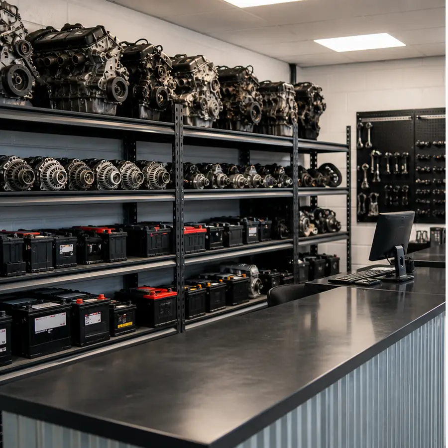 Shelves of auto parts at a parts counter